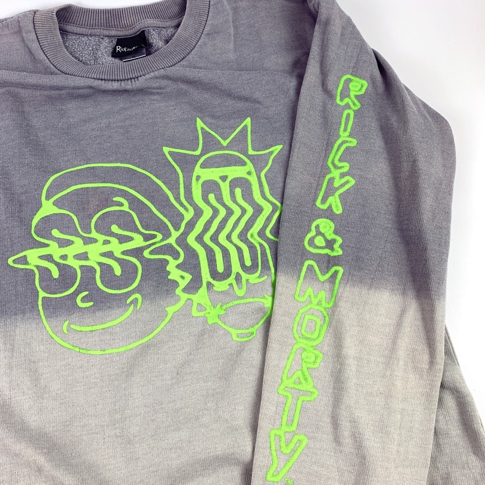 Rick & Morty Adult Swim XL Dip‎ Dye Sweatshirt Gray Warped Faces Sleeve Spellout